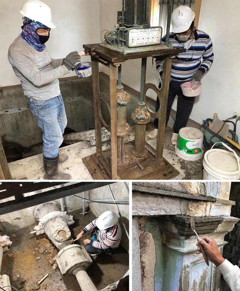 量水器室修復過程中，團隊細緻清理設備、檢視結構，並透過顏料分析還原歷史色彩，讓百年水利設施逐步重現原