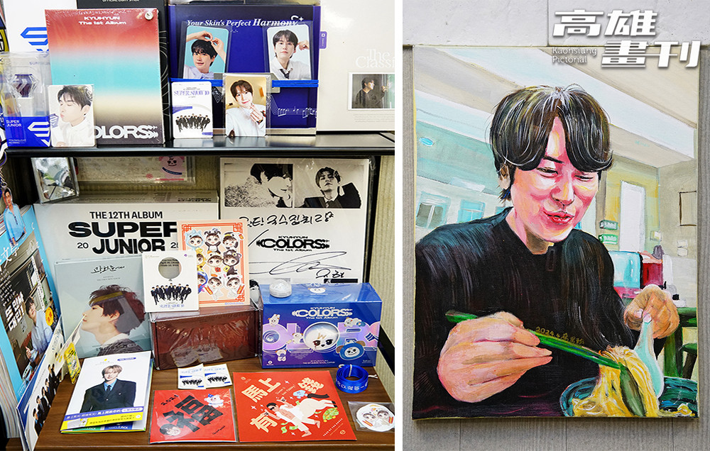 櫃臺陳列收藏圭賢的專輯，還有老闆友人手繪的圭賢油畫，都成為粉絲追星拍照打卡的亮點。