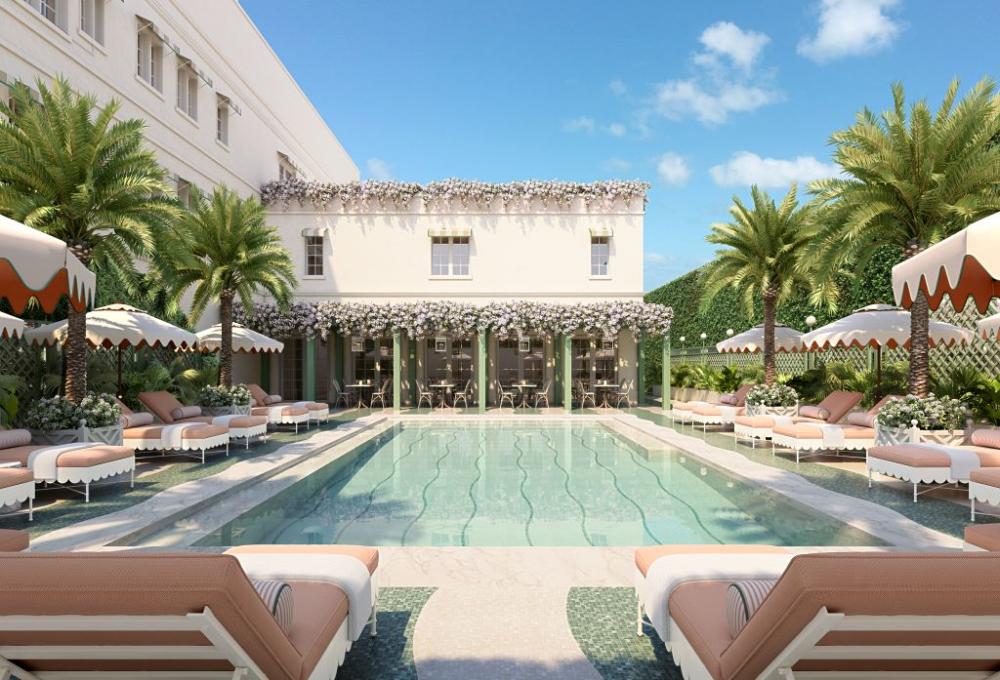 泳池旁的「Pool House Bistro」以復古風格設計，精緻格架與波浪形細節營造輕鬆愜意氛圍