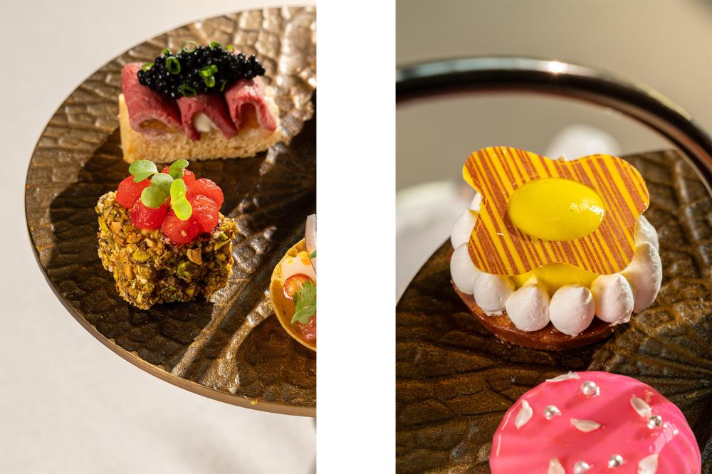 甜點延續南國風情，滿滿的熱帶水果上桌，像是椰子夾心蛋糕、香蕉焦糖榛果塔、芒果香蘭卷