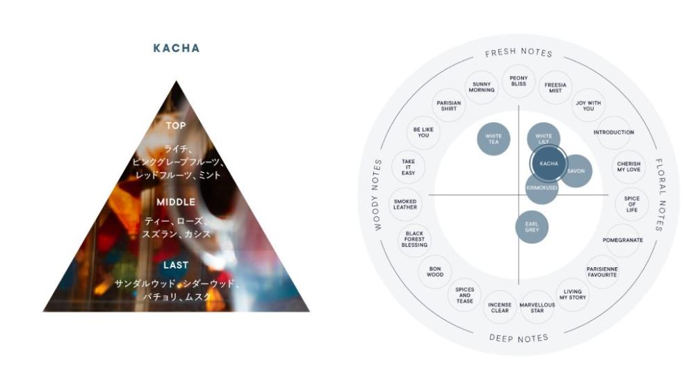 FRAGRANCE NOTES ＆ CHART 清透果香與華麗繁花輕柔交織， 迎來溫柔茶香般澄澈悠長