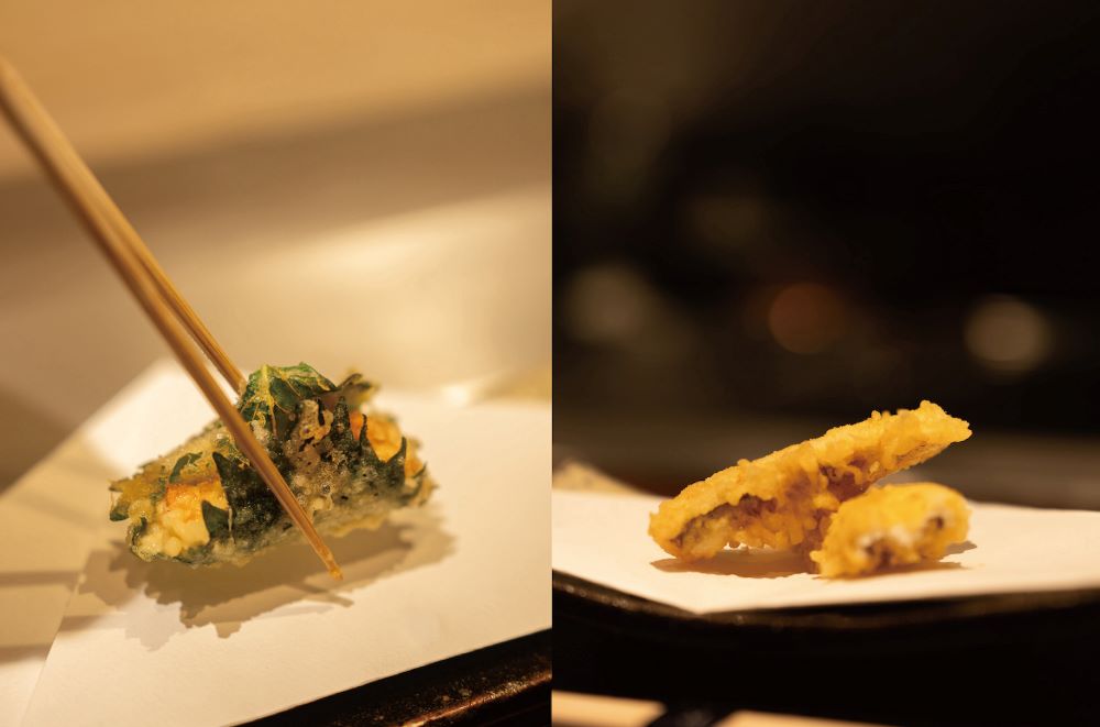 圖左至右為紫蘇海膽及星鰻，以輕盈薄衣包覆旬味食材，展現天孝對油溫與起鍋時機的精準掌握。©Ukai-tei Kaohsiung