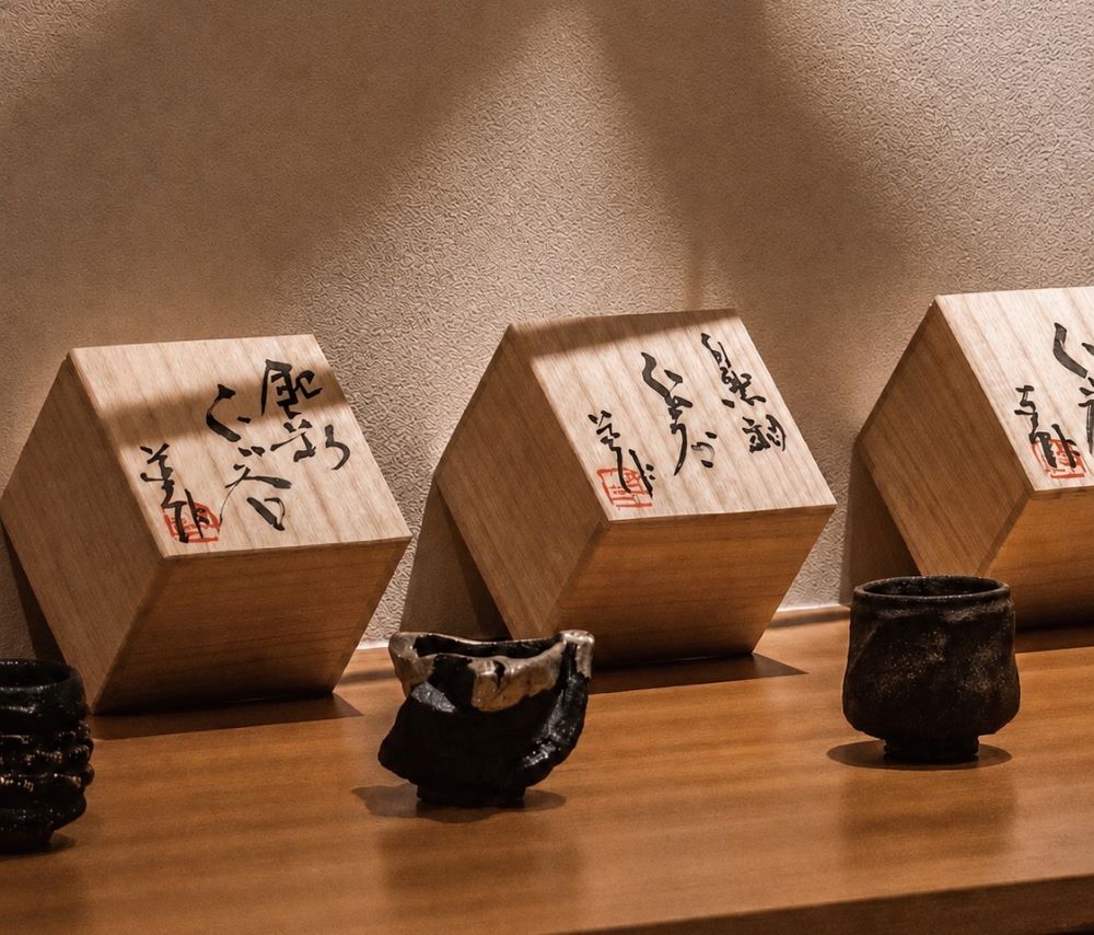 餐酒會特別使用日本當代陶藝雕塑家「道川省三」聯名清酒杯呈現，以器物美學與品飲儀式感，呼應Ukai-tei Kaohsiung對頂級款待與餐桌美學的講究。©Ukai-tei Kaohsiung
